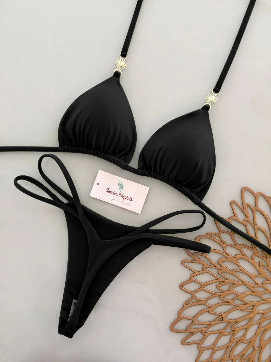 Rich Burgundy Triangle Bikini Set with Double-Strap Tie Details and Gold Accents