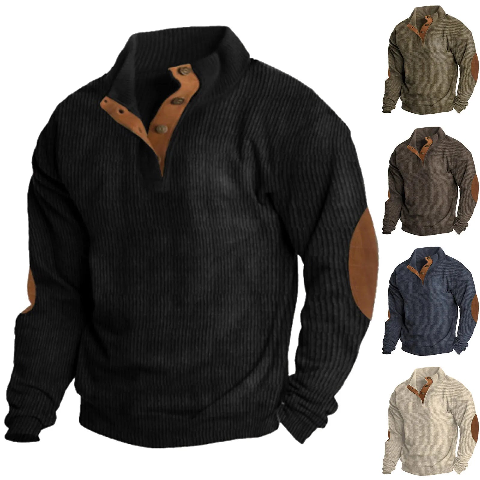 Men's Stand Collar Button Detail Relaxed Knit Streetwear Sweater Pullover