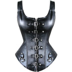 Faux Leather Buckle Front Corset Vest with Structured Boning and Straps