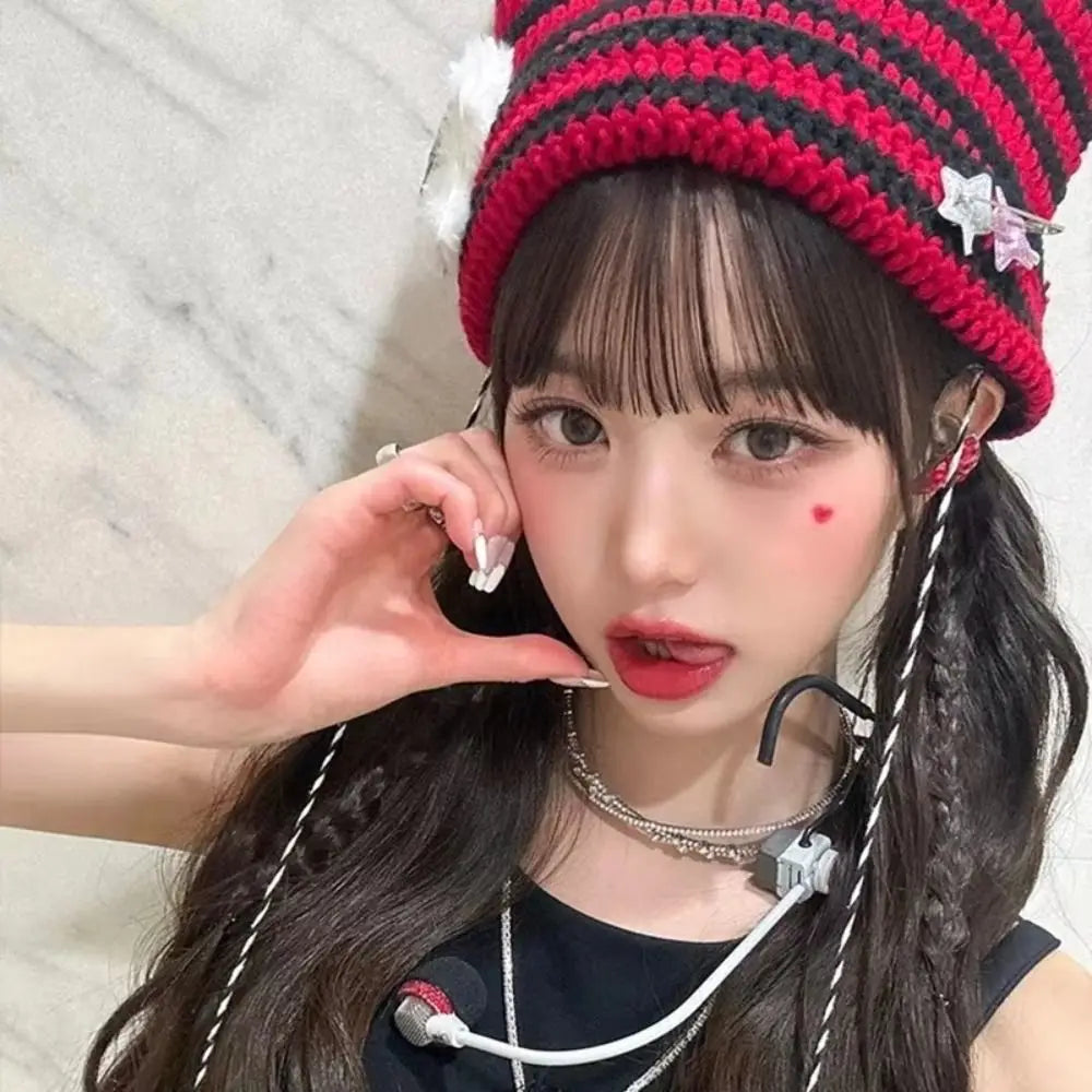 Striped Pointed Knit Beanie with Ear Accents for Playful Streetwear Winter Fashion Style