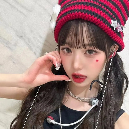 Striped Pointed Knit Beanie with Ear Accents for Playful Streetwear Winter Fashion Style
