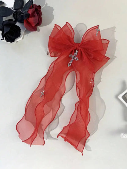 Gothic Mesh Bow Hair Clip With Cross Charm Alternative Statement Accessory