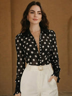 Sheer Polka Dot Chiffon Blouse with Solid Contrast Collar and Voluminous Puff Sleeves
