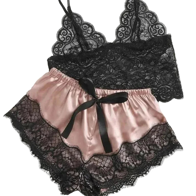 Romantic Sheer Black Lace Bralette and Blush Satin-Finish Shorts Sleep Set