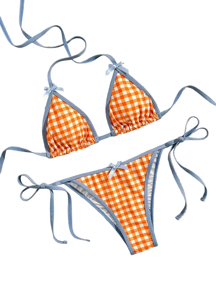 Orange Gingham Triangle String Bikini with Light Blue Contrast Trim
