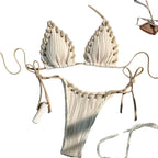 Textured Cream String Bikini with Braided Contrast Border Trim