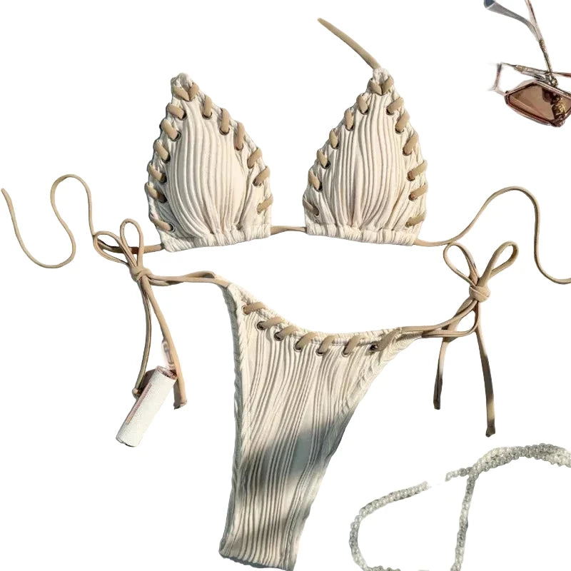 Textured Cream String Bikini with Braided Contrast Border Trim