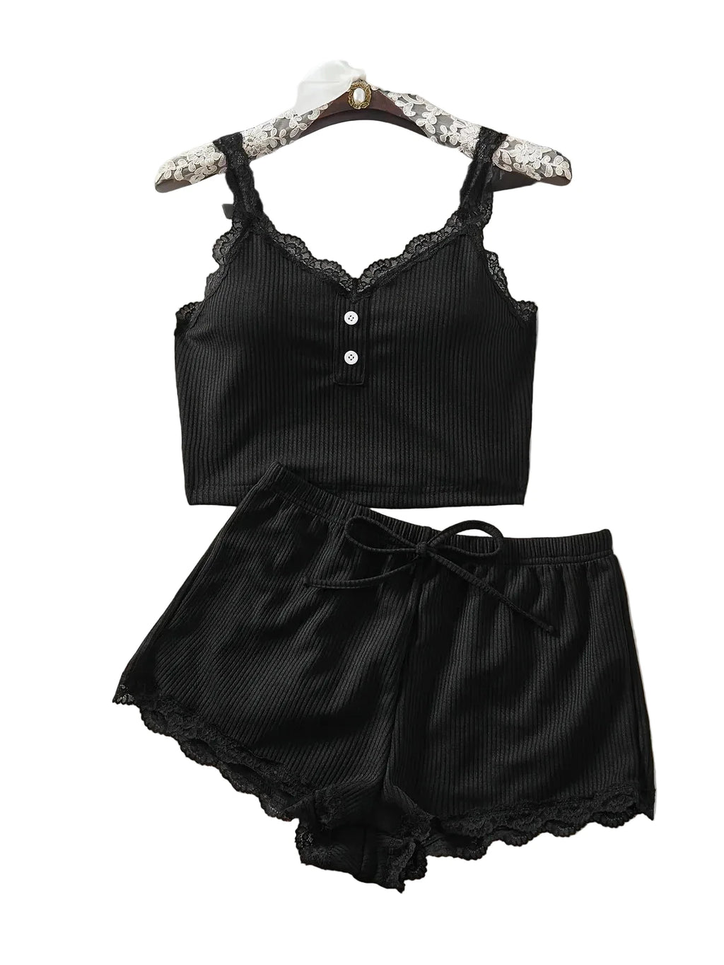 Fine Ribbed Camisole Crop Top and Ruffled Lounge Shorts Two-Piece Sleepwear Set