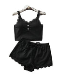 Fine Ribbed Camisole Crop Top and Ruffled Lounge Shorts Two-Piece Sleepwear Set