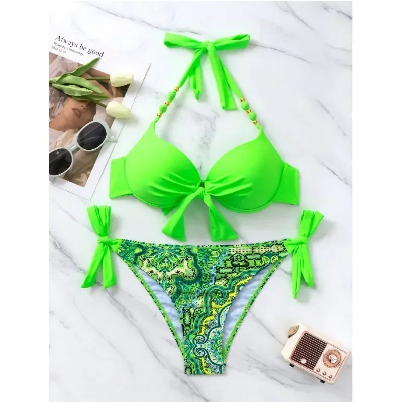 Vibrant Turquoise Underwire Bikini with Mixed Animal Print Bottoms