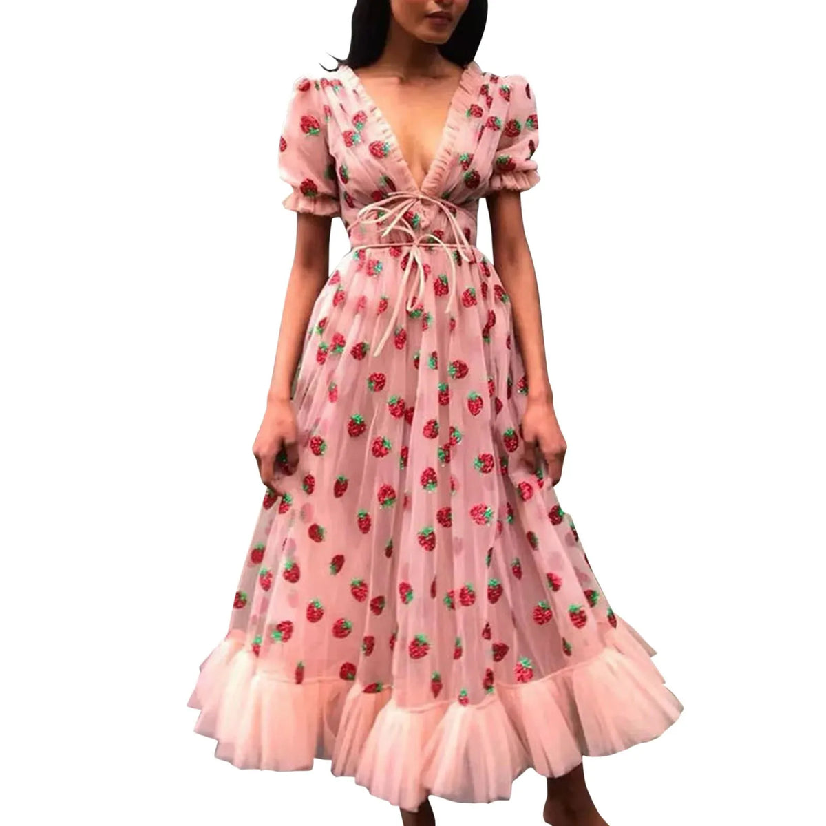 Strawberry Embroidered Pink Tulle Maxi Dress with Puff Sleeves and Ruffled Hem