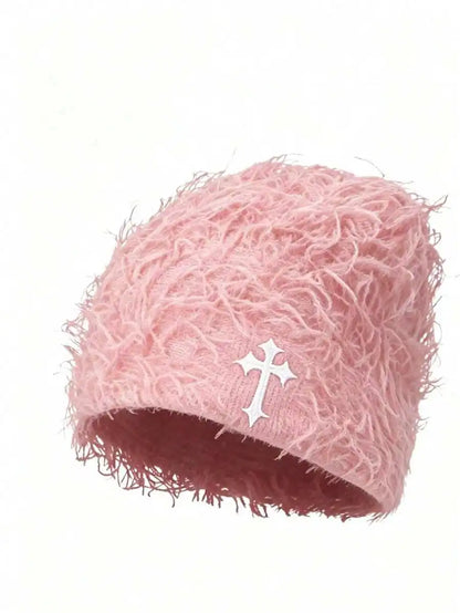 Minimalist Embroidered Cross Acrylic Knit Beanie for Modern Streetwear Winter Casual Fashion Style