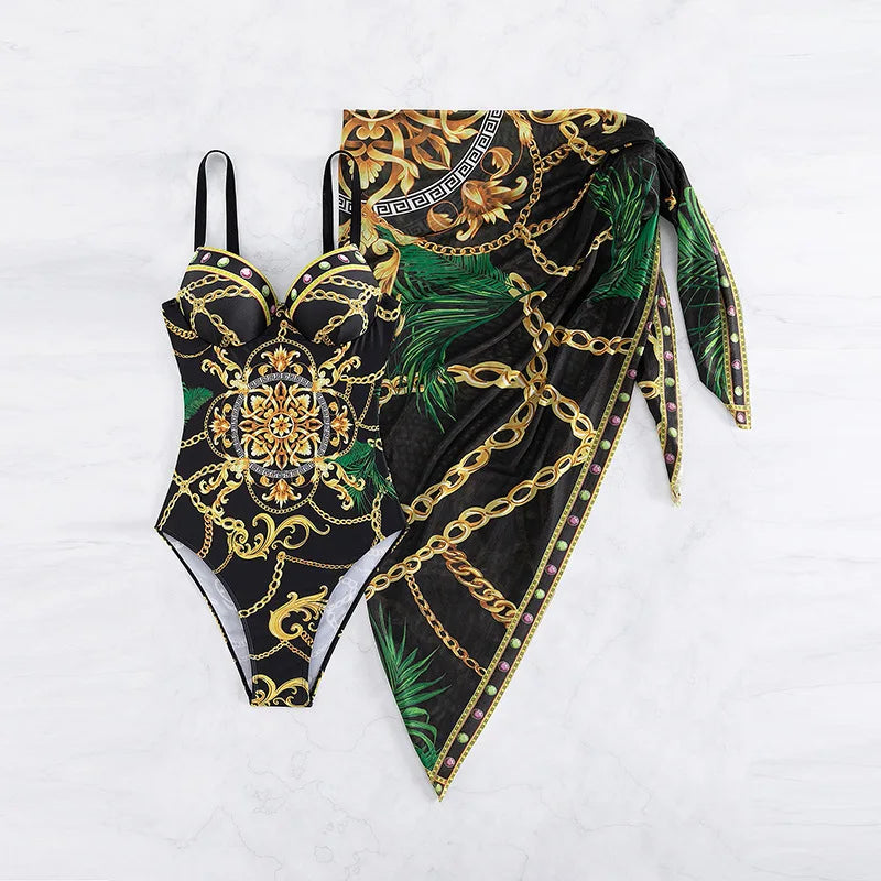 Royal Blue Baroque Print Swim Set with Structured Top and Matching Wrap Skirt