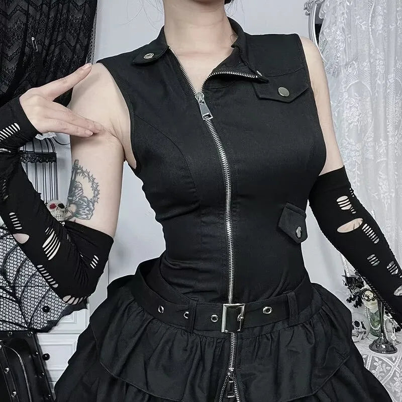 Structured Gothic Mini Dress with Utility-Inspired Alternative Fashion Details