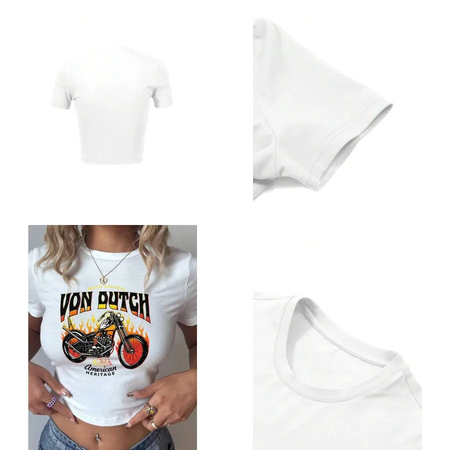 Flame Graphic Crop Tee with Motorcycle Inspired Artwork and Y2K Style