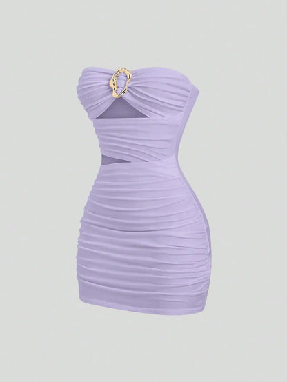 Strapless Ruched Bodycon Mini Dress with Metallic Accent Contemporary Silhouette