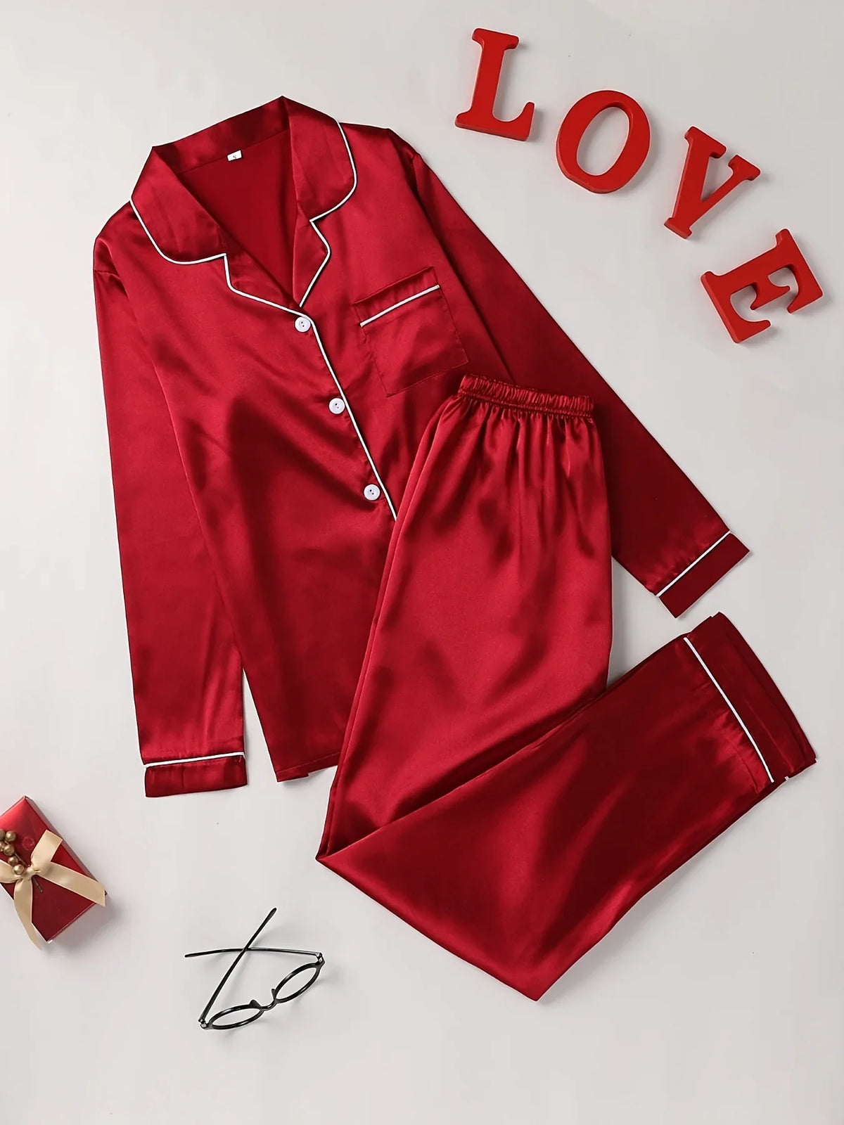 Classic Red Long-Sleeve Pajama Set with Tailored White Piping