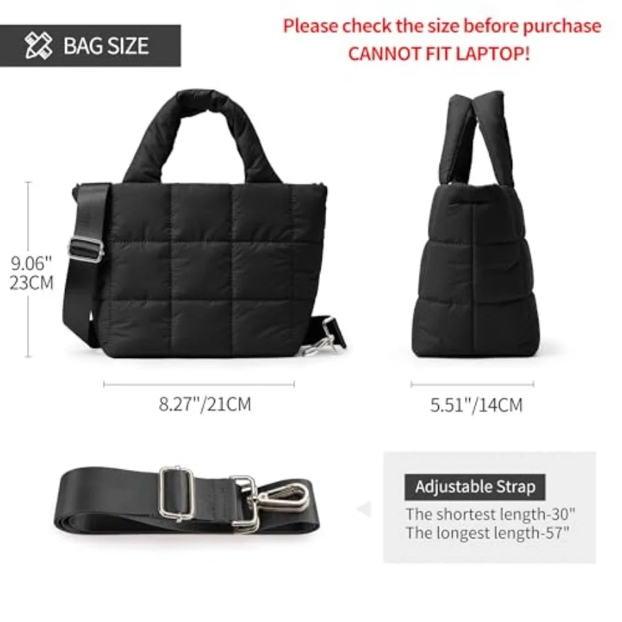 Small Quilted Nylon Puffer Crossbody Tote Bag with Adjustable Strap