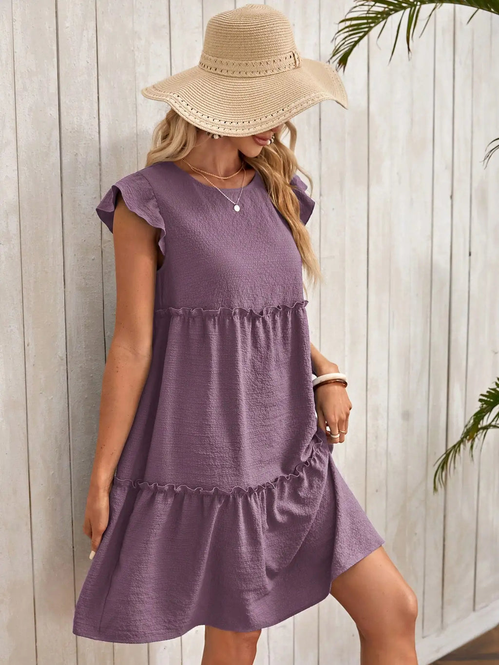 Tiered Ruffle A-Line Mini Dress with Petal Sleeves and Relaxed Fit