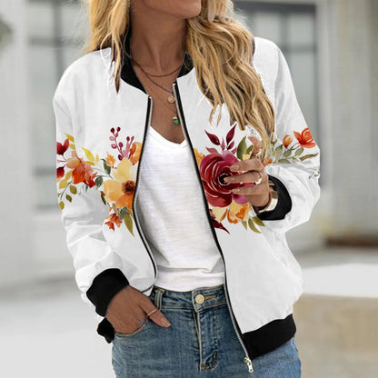 Women's Floral Print Bomber Jacket with Zip Front Contemporary Casual Streetwear Style