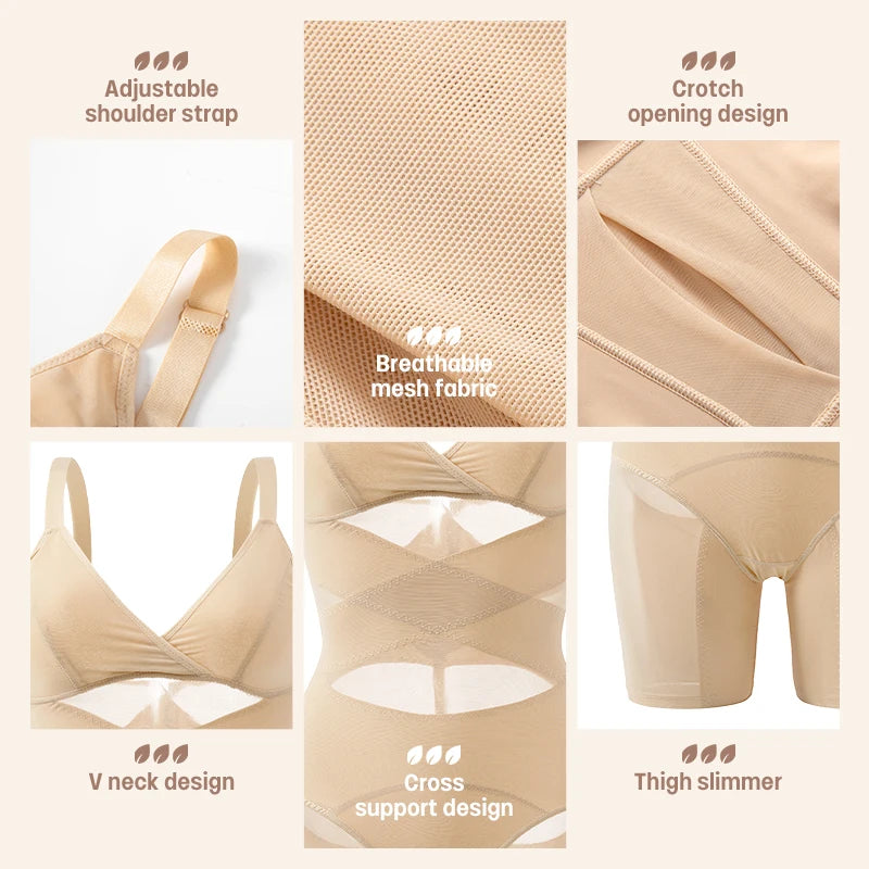 V-Neck Mid-Thigh Bodysuit with Dramatic Criss-Cross Mesh Abdomen Panels