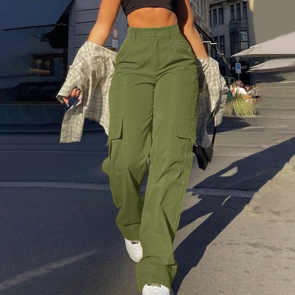Women's High Waist Wide Leg Utility Trousers with Pocket Casual Streetwear Style