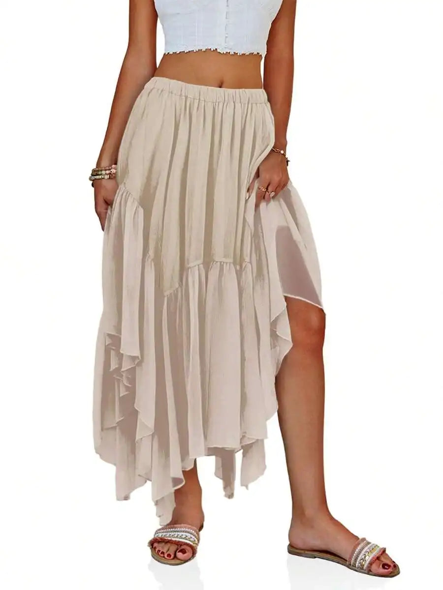 Boho High-Low Ruffle Hem Flowy Asymmetrical Maxi Skirt