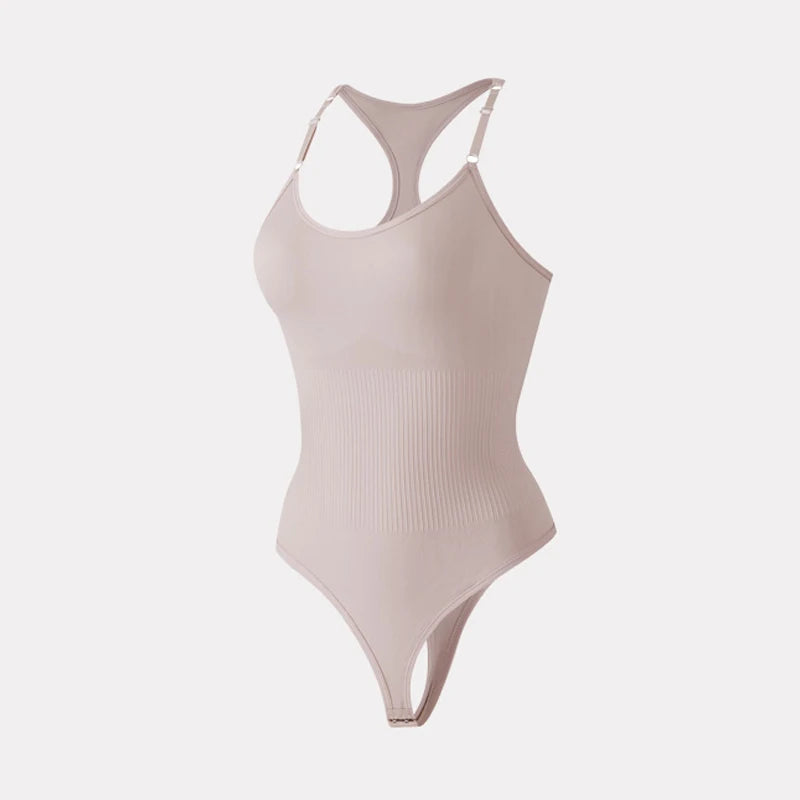 Seamless Racerback Thong Bodysuit in Versatile Beige