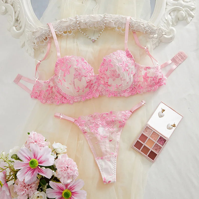 Purple Floral Blossom Embroidered Sheer Underwire Lingerie Set
