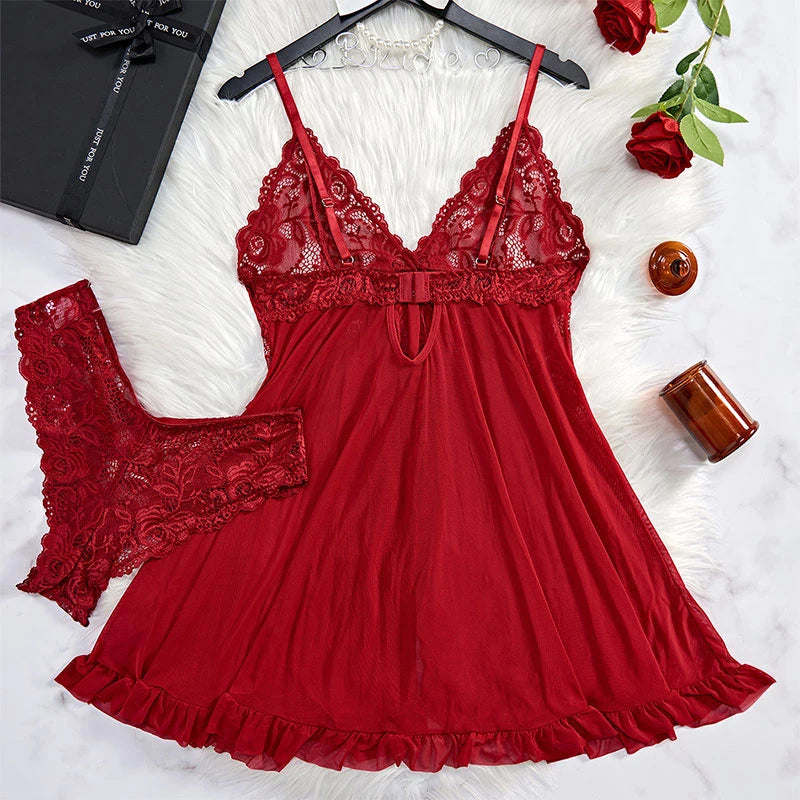 Sheer Black Mesh Split-Front Babydoll Set with Floral Lace Bodice