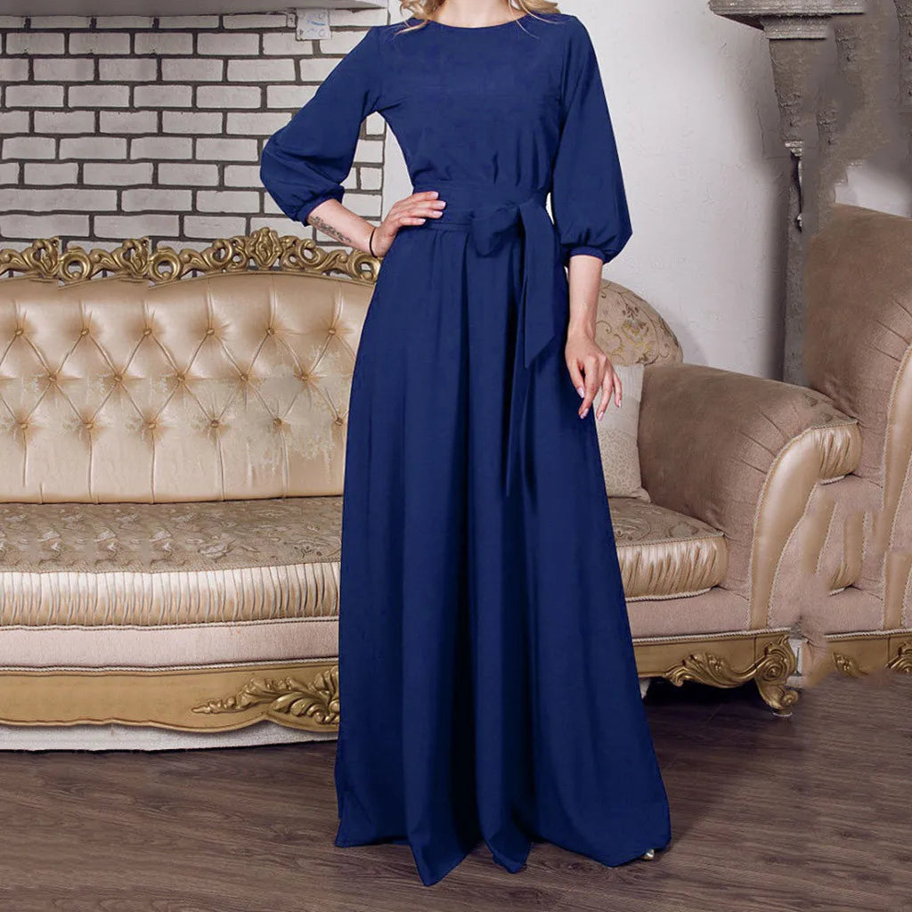 Long Sleeve A-Line Maxi Dress with Defined Waist and Flowing Silhouette