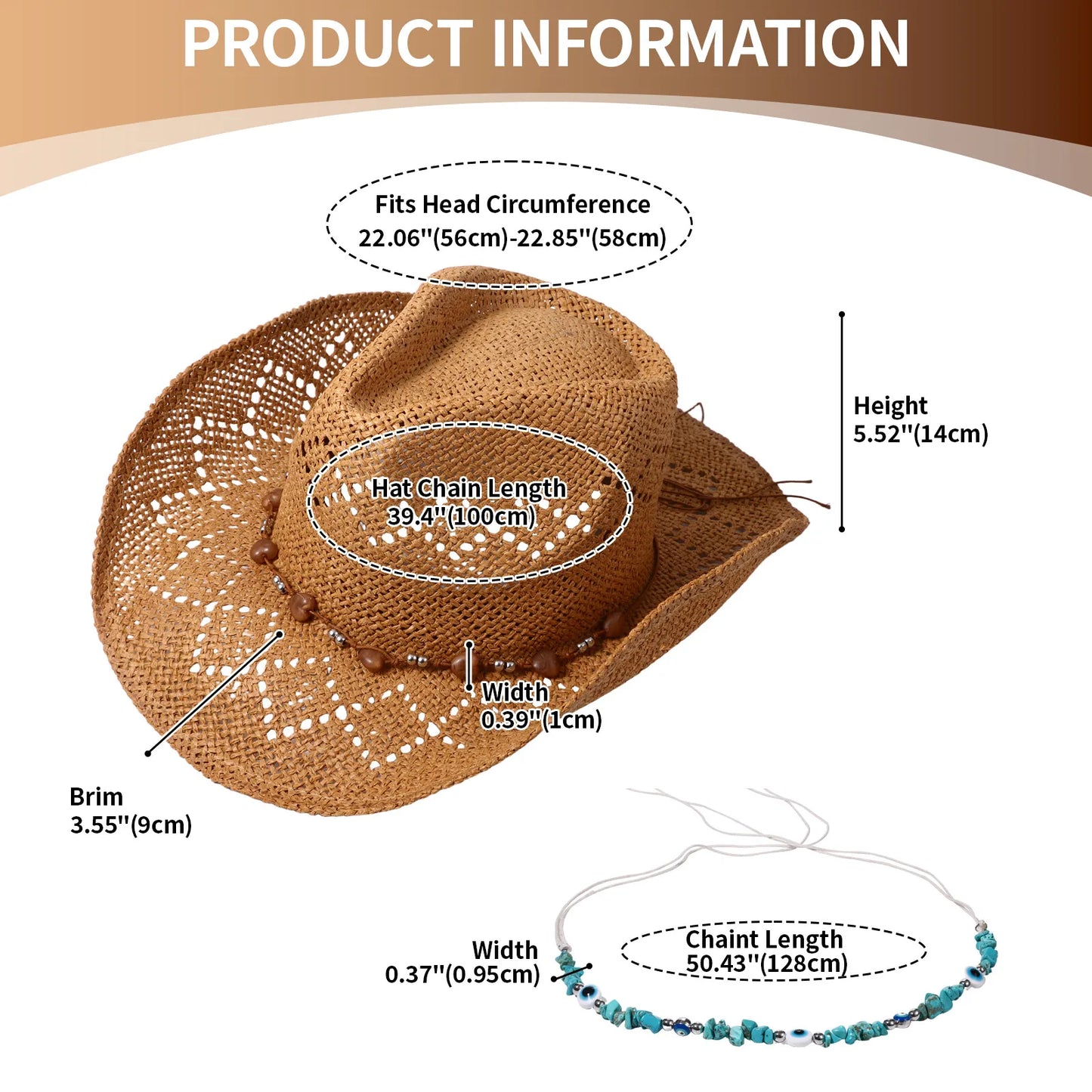 Women's Wide Brim Straw Cowgirl Hat with Decorative Beaded Band for Summer Outdoor Wear