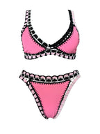 Deep Navy Scoop Neck Bikini Set with Vibrant Contrast Crochet Edging