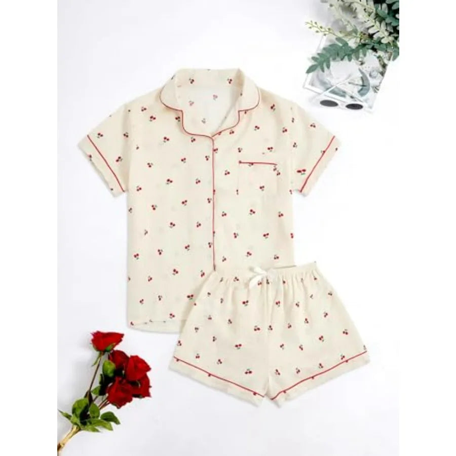 Women's Button Front Short Sleeve Pajama Set Relaxed Matching Lounge Sleepwear