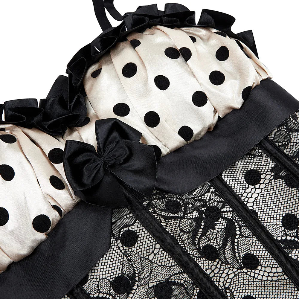 Polka Dot Mesh Corset Bustier Top with Structured Cups and Adjustable Straps