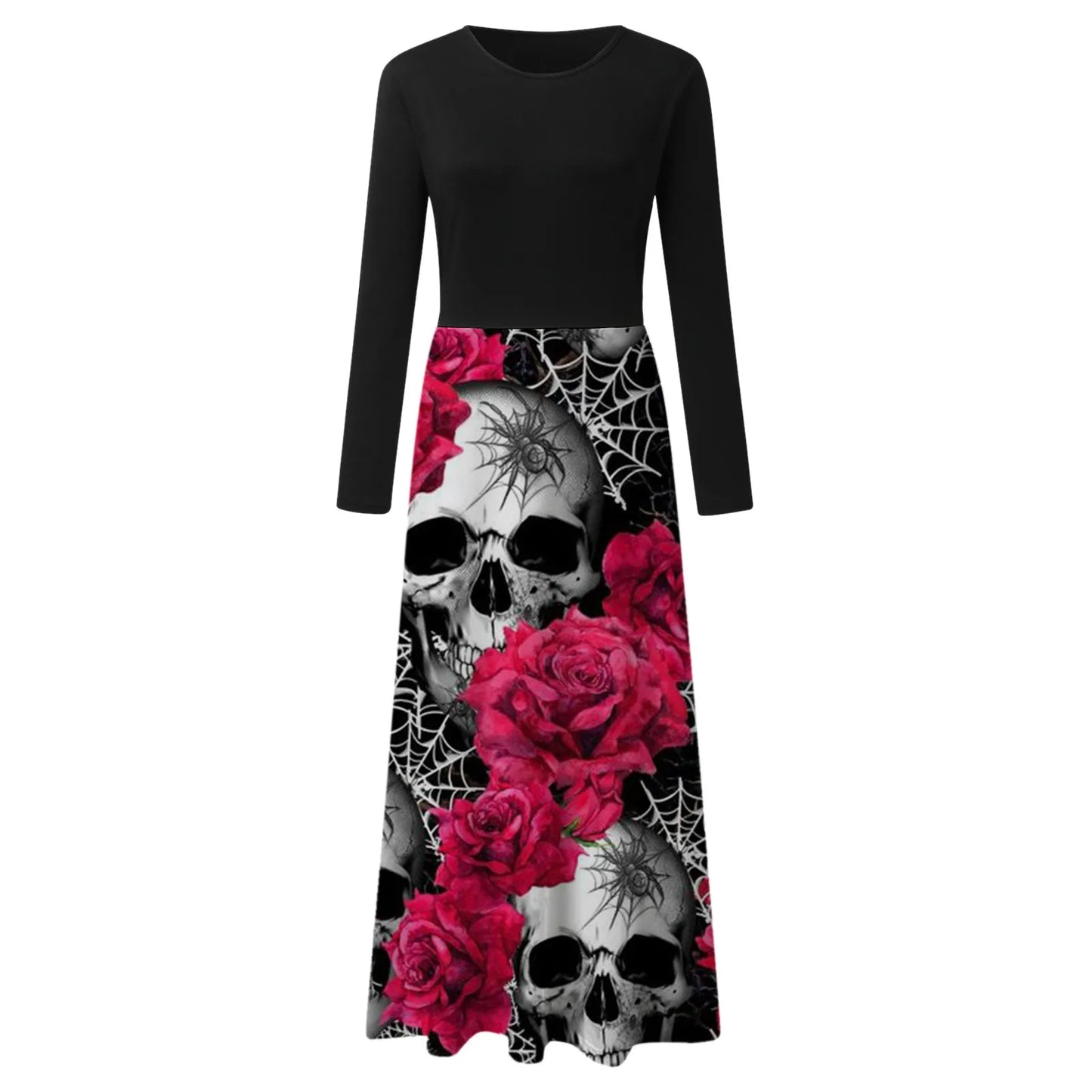 Dark Romantic Skull and Floral Gothic Maxi Dress with Elegant Fit