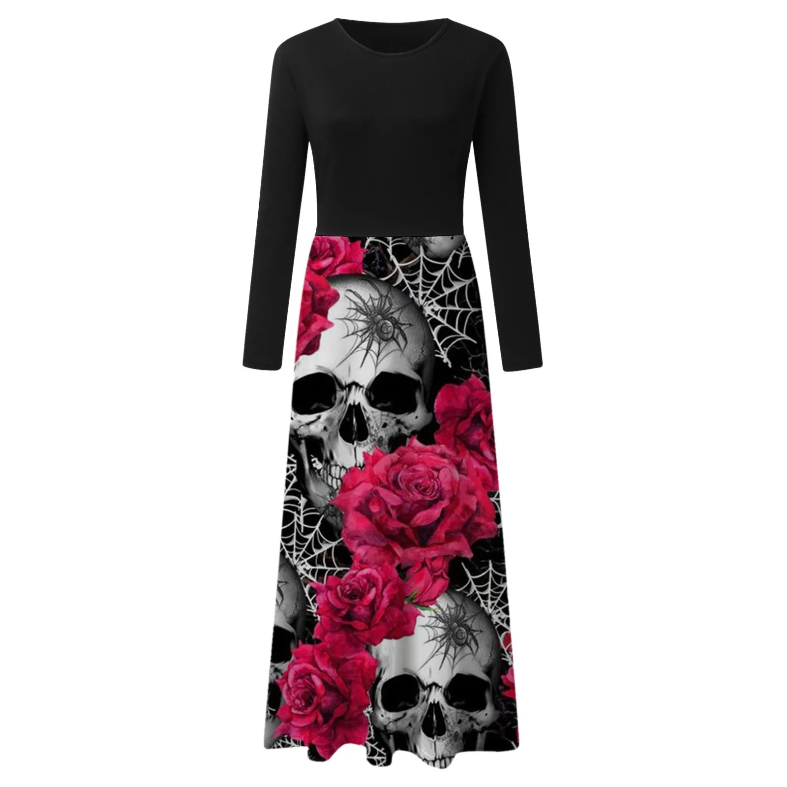 Dark Romantic Skull and Floral Gothic Maxi Dress with Elegant Fit