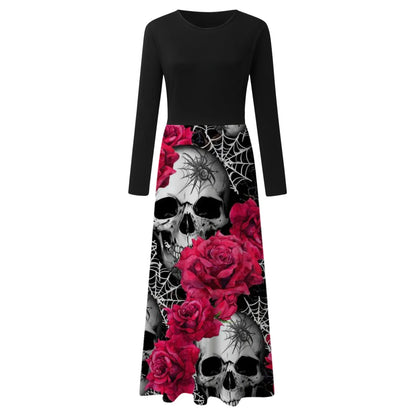 Dark Romantic Skull and Floral Gothic Maxi Dress with Elegant Fit