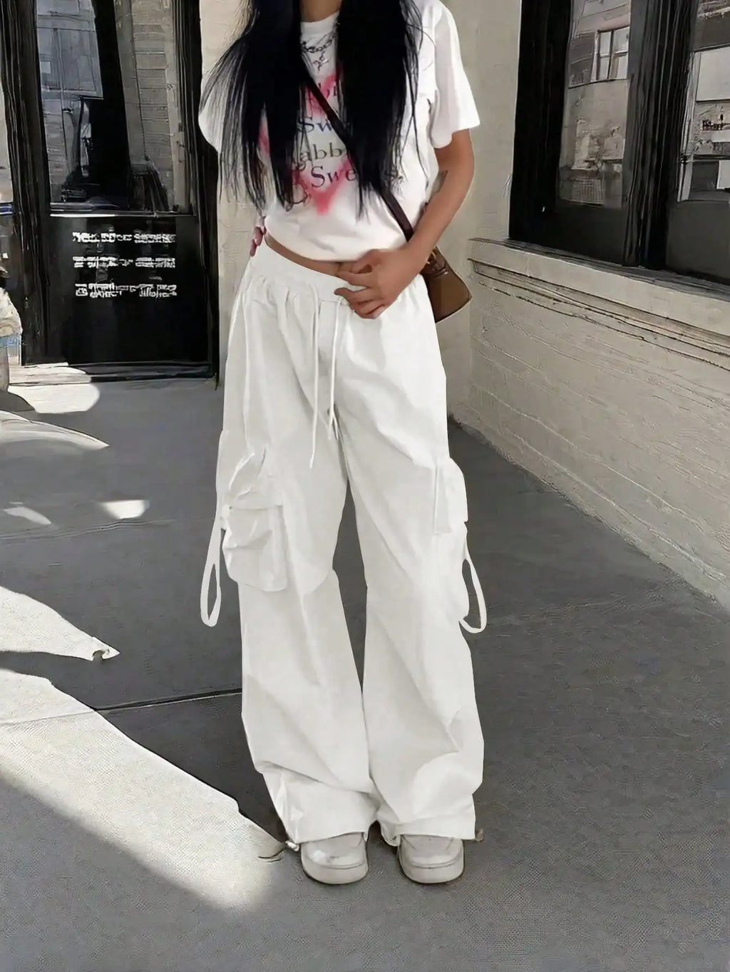High Waist Cargo Pants with Flap Pockets Relaxed Wide Leg Streetwear Trousers