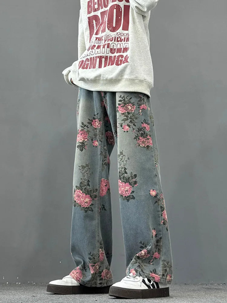 Unisex Floral Print Wide Leg Denim Jeans with Relaxed Streetwear Straight Leg Fit