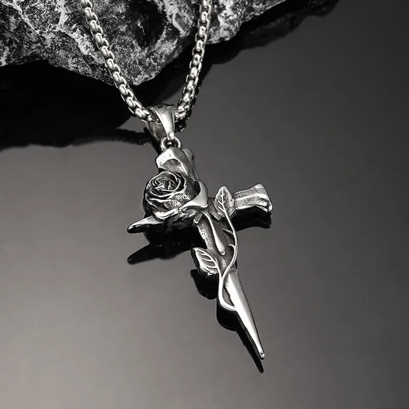 Vintage Rose Cross Pendant Necklace for Gothic Punk and Alternative Fashion