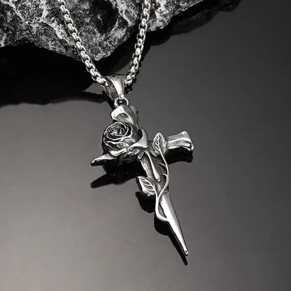 Vintage Rose Cross Pendant Necklace for Gothic Punk and Alternative Fashion