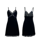 Luxurious Black Velvet V-Neck Chemise with Delicate Lace Trim and Slender Straps