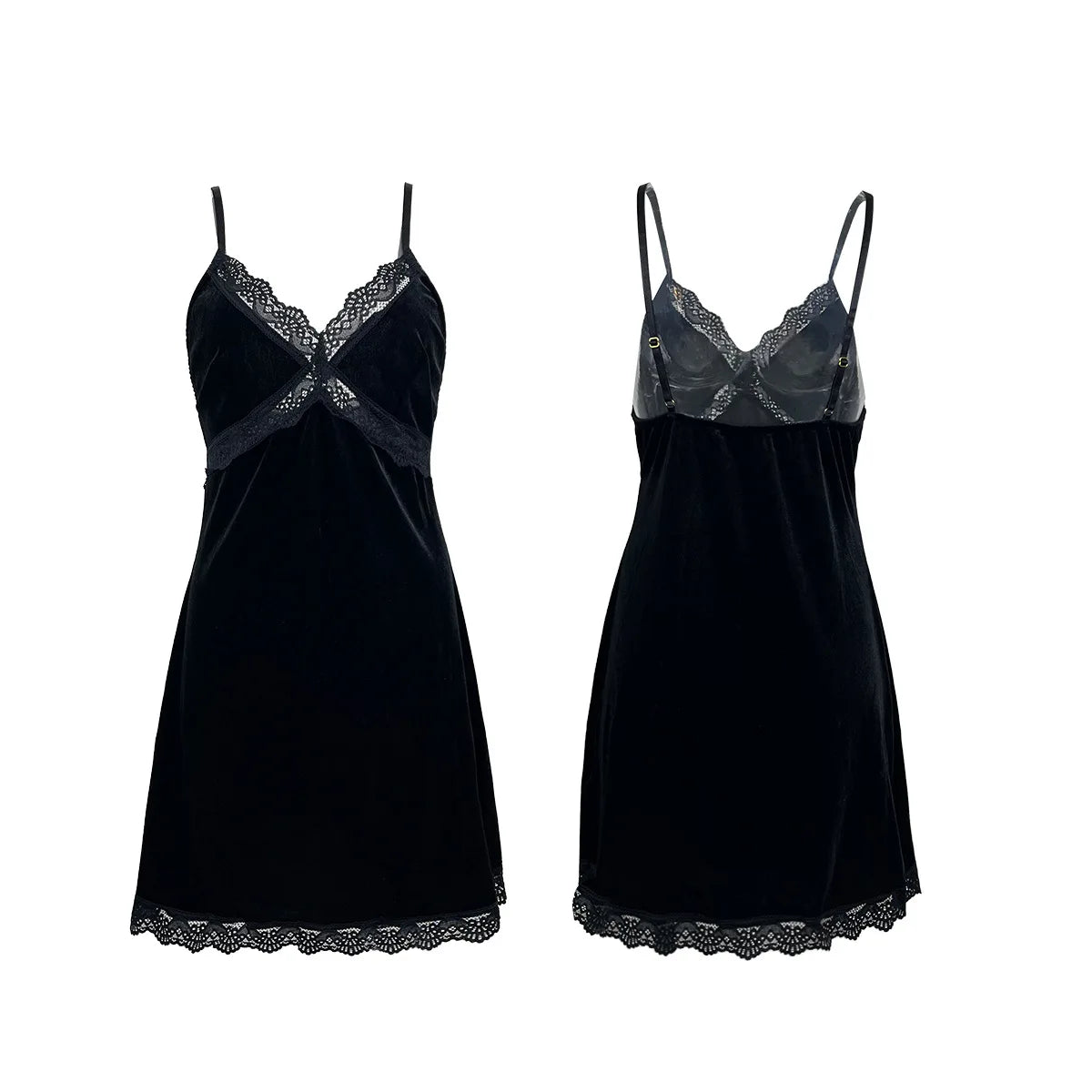 Luxurious Black Velvet V-Neck Chemise with Delicate Lace Trim and Slender Straps