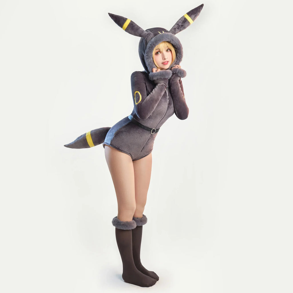 Women's Hooded Velvet Romper Costume Set with Tail Belt and Matching Socks