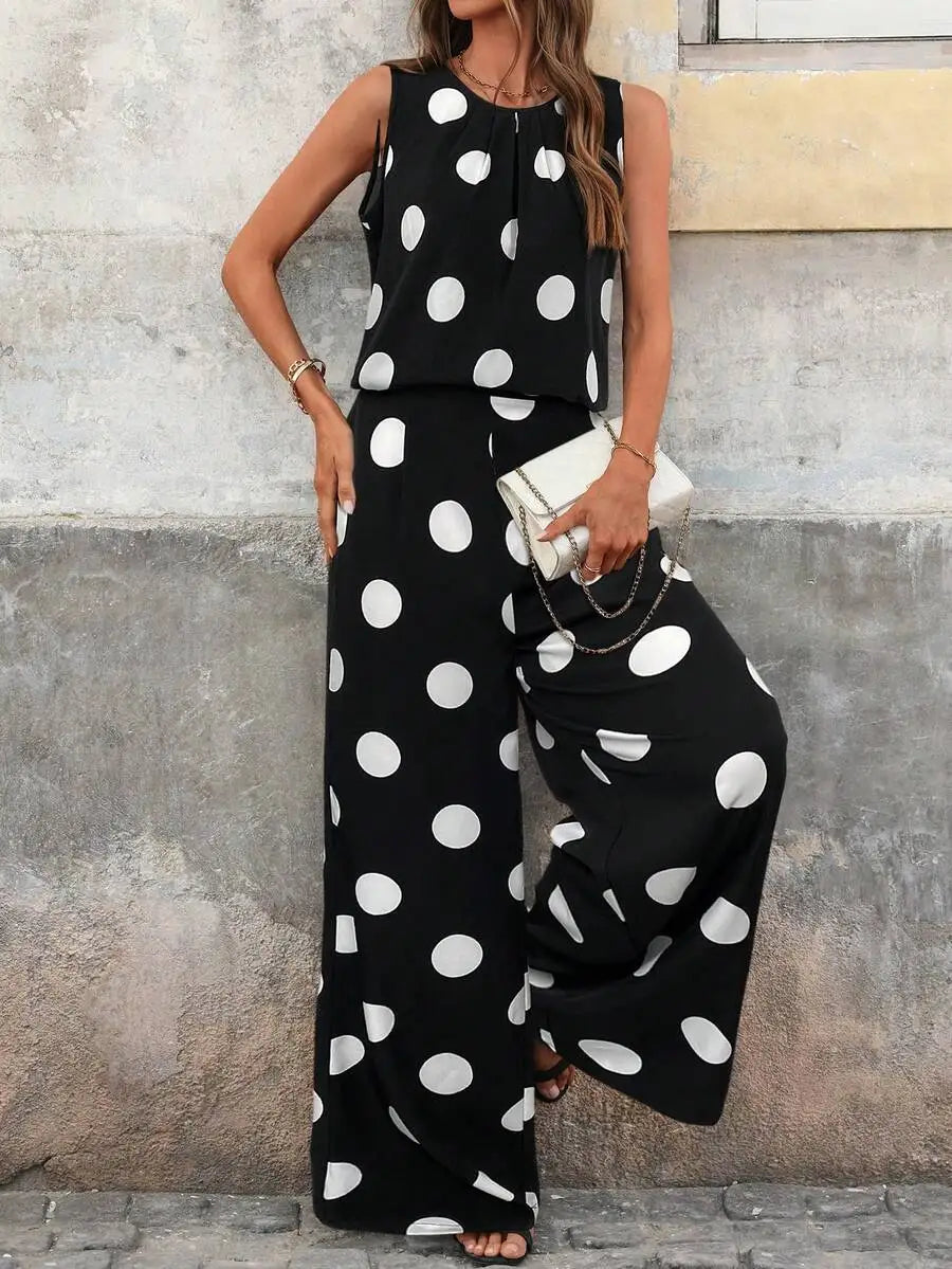 Women's Polka Dot Sleeveless Top and Wide Leg Pants Co-Ord Set