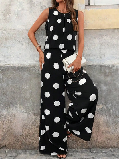 Women's Polka Dot Sleeveless Top and Wide Leg Pants Co-Ord Set