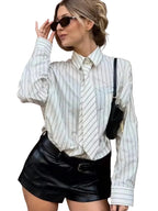 Boyfriend-Style Striped Button-Down Shirt with Matching Fabric Tie