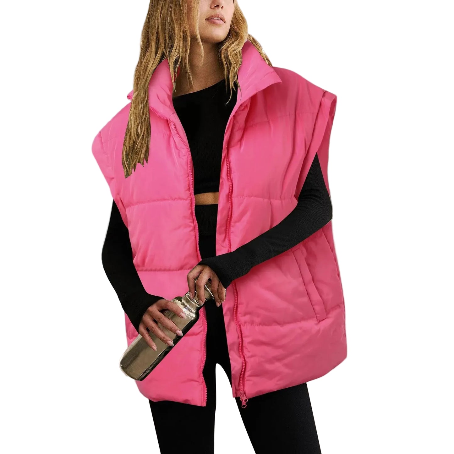 Women's Oversized Quilted Puffer Vest Stand Collar Casual Streetwear Layering Outerwear