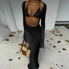 Three-Piece Swimwear Set with Pink Bikini and Sheer Long-Sleeve Maxi Cover-Up